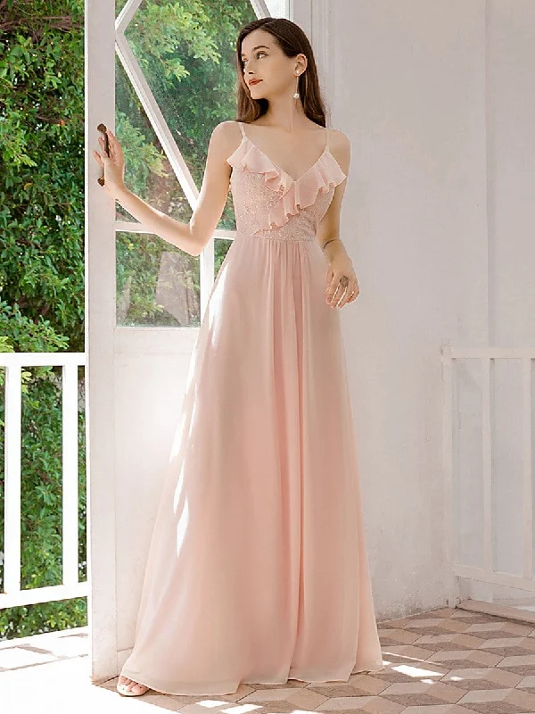 Flattering Spaghetti Straps V-neck Chiffon Bridesmaid Dresses Wholesale