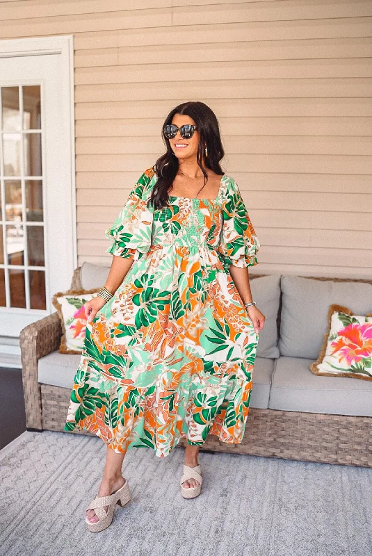 Floral Tropic Orange Midi Dress