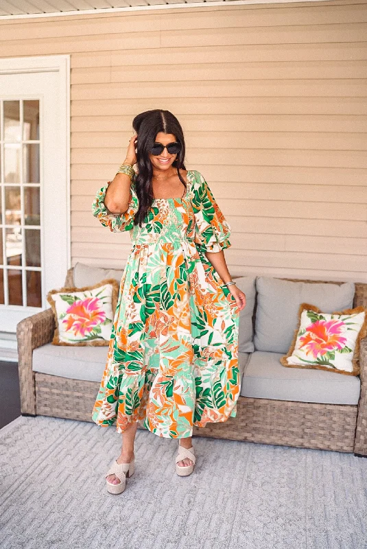 Floral Tropic Orange Midi Dress