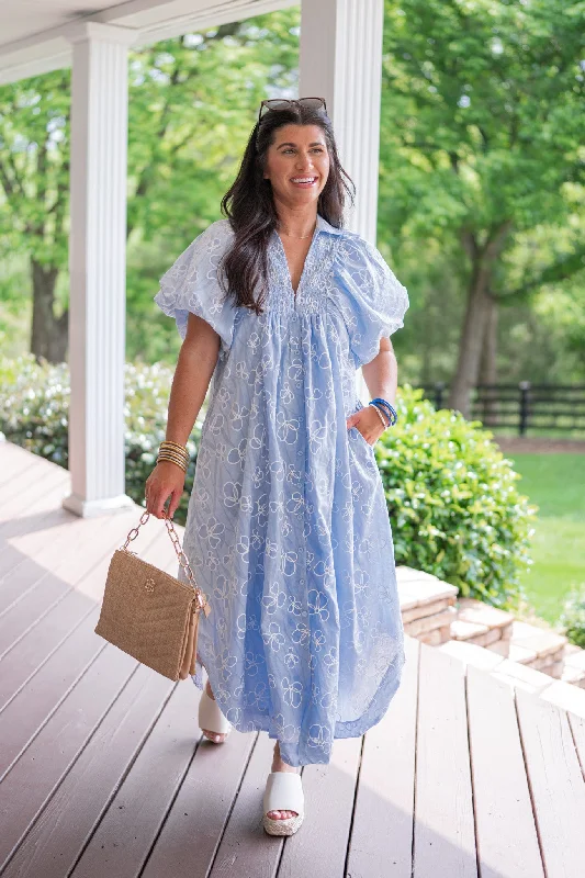 Flower Embroidered Blue Maxi Dress