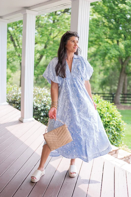 Flower Embroidered Blue Maxi Dress