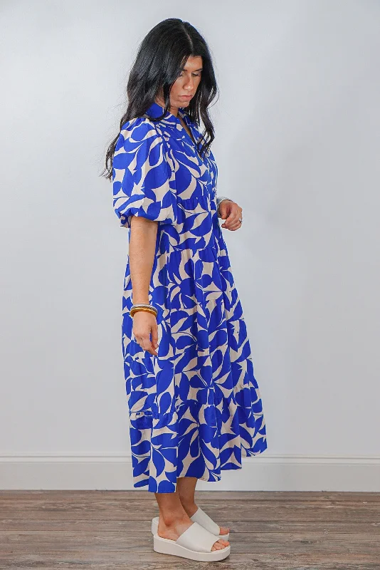 Leaf Print Blue Midi Dress