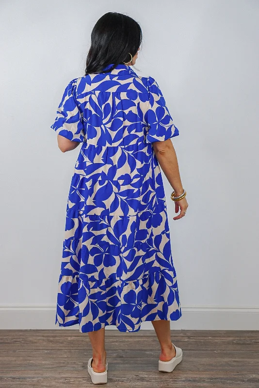 Leaf Print Blue Midi Dress