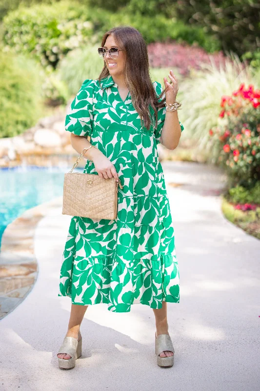 Leaf Print Green Midi Dress