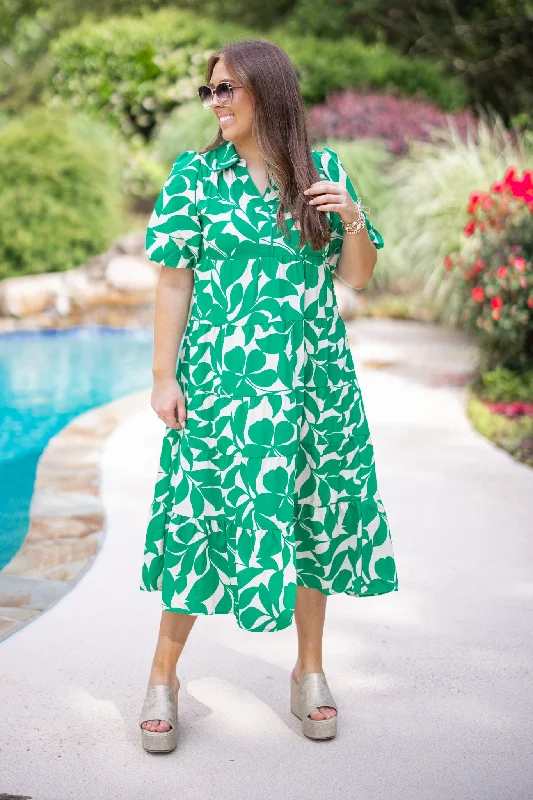 Leaf Print Green Midi Dress