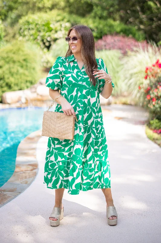 Leaf Print Green Midi Dress