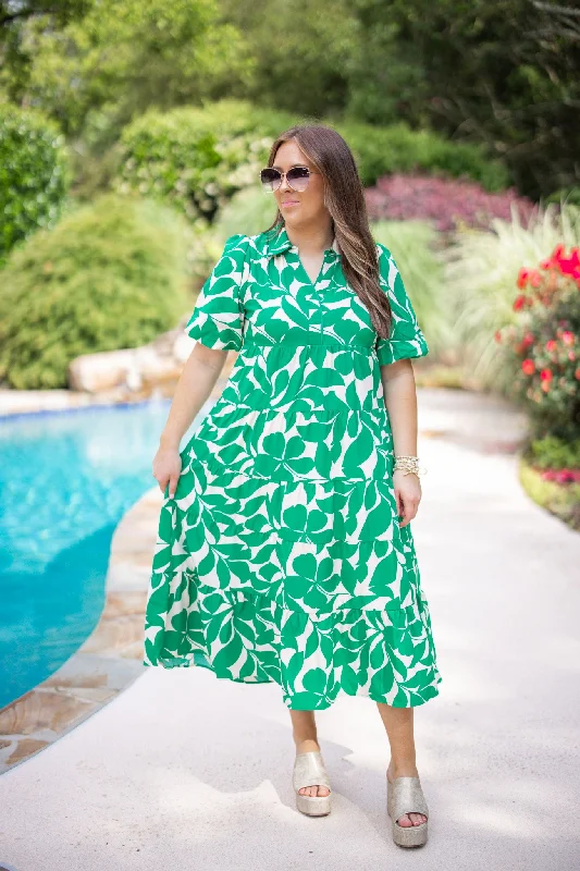 Leaf Print Green Midi Dress