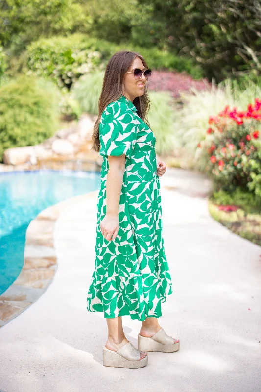 Leaf Print Green Midi Dress