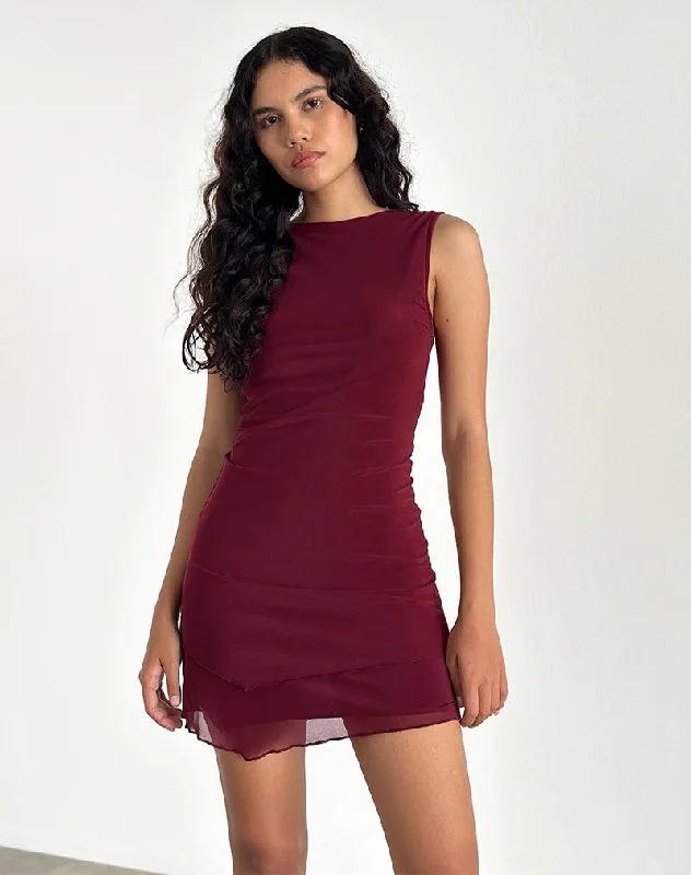 Renata Asymmetrical Mini Dress in Burgundy Mesh