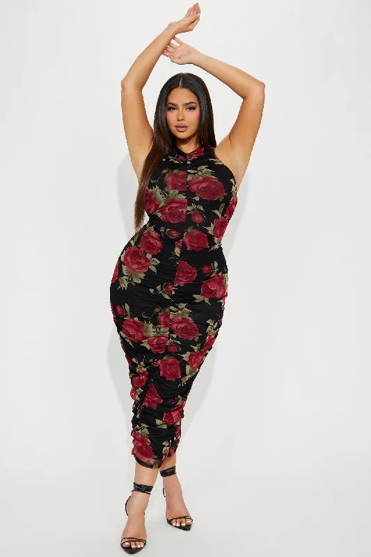 Rosalina Mesh Midi Dress - Black/Red