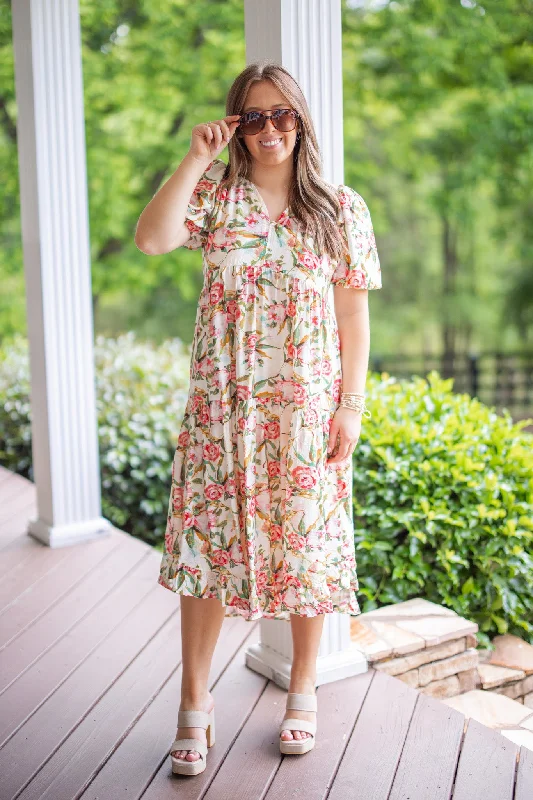 Rose Bouquet Pink Midi Dress