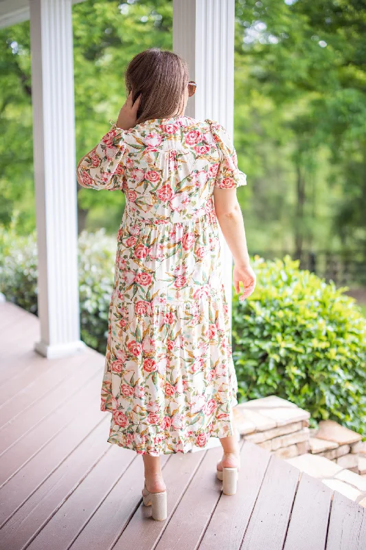 Rose Bouquet Pink Midi Dress