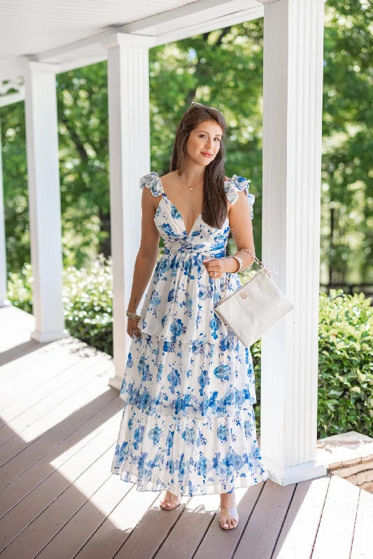 Satin Florals Blue Maxi Dress