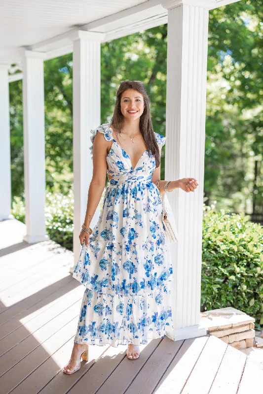 Satin Florals Blue Maxi Dress