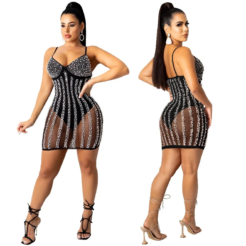 See Through Bead Stripe Mini Dresses