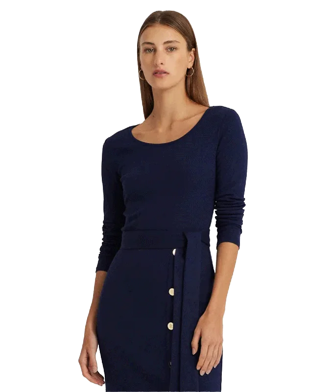 Belted Navy Rib-Knit Dress - Navy